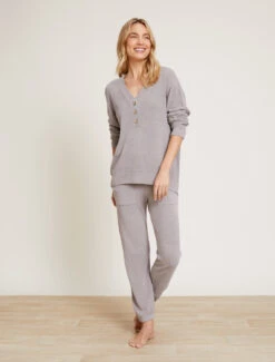 CozyChic Ultra Lite® Rib Back Placket Henley -MOON HOME Shop BDWCU21252 Pewter 4901